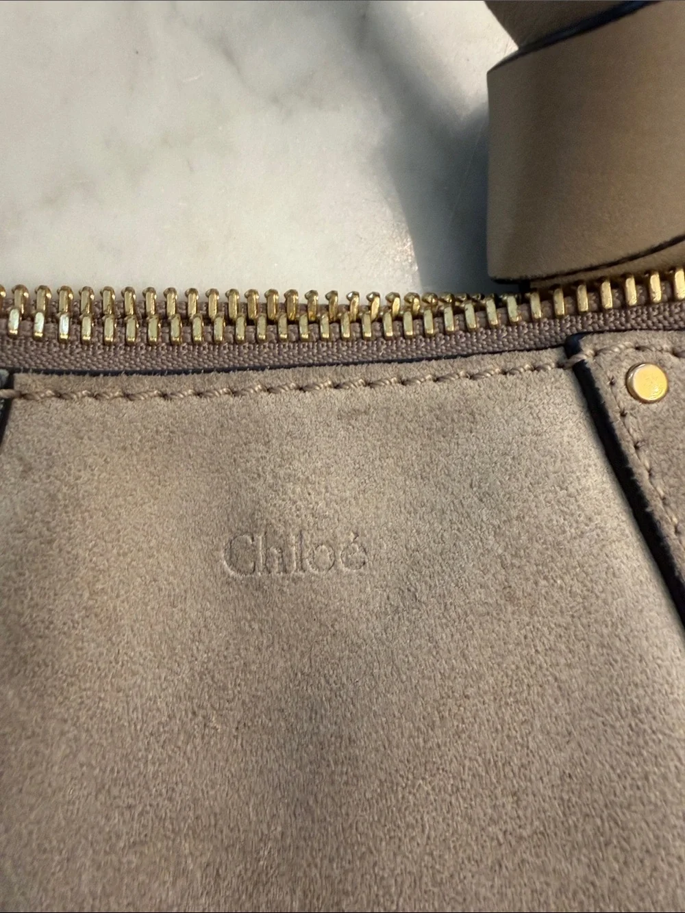 Chloe Taupe Suede Shoulder Bag with Gold Hardware Accents